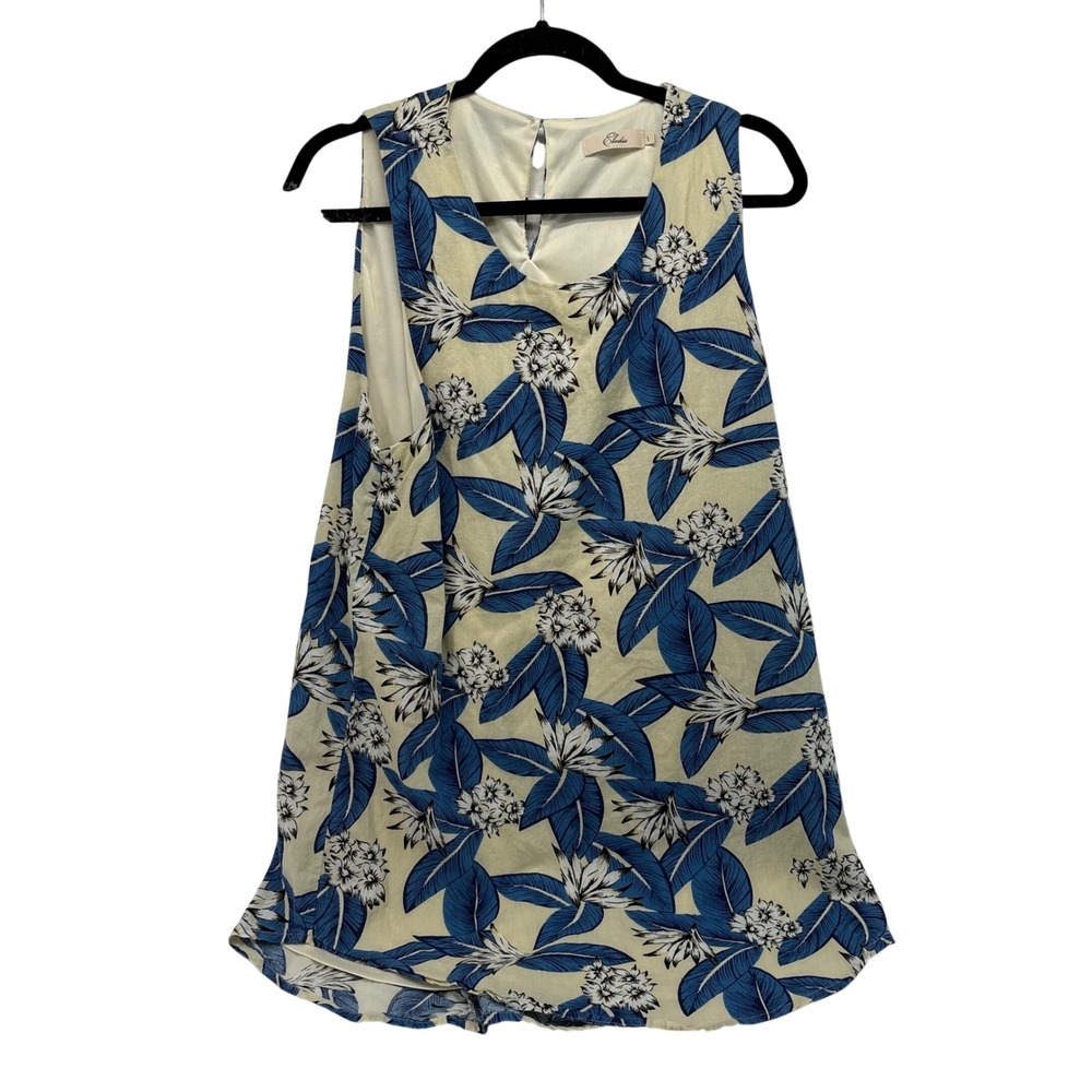 Elodie Womens Tropical Floral Print Sleeveless V-Neck Blouse Blue Cream ED2712 L